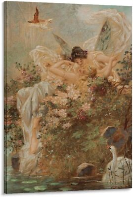 #ad Vintage Poster Canvas Two Fairies Hugging A Swan in A Landscape Wall Art Framed $39.90