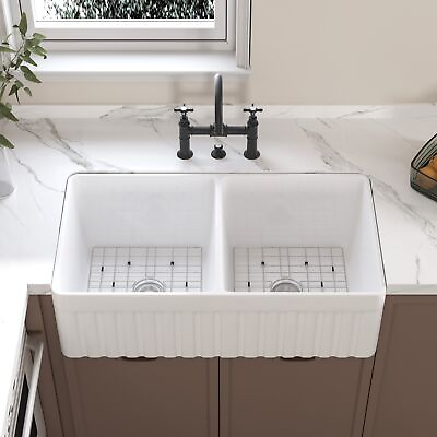 #ad HOROW Double Bowl 33quot; Farmhouse Apron Kitchen White Sink with Grid and Strainer $259.99