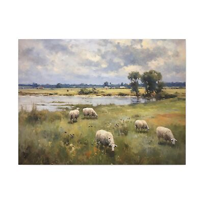 #ad #ad Sheep Painting Print Vintage Large Wall Art Farmhouse Landscape Meadow Canvas $84.99