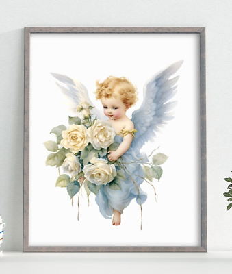 #ad Angel Wall Art Print Cherub With Roses Art Print Wall Art Decor Angel $9.99