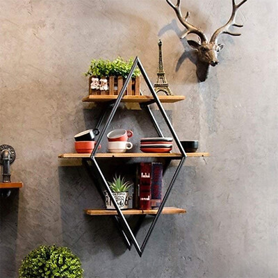 #ad 3 Tier Geometric Diamond Floating Shelves Hanging Wall Shelves Decoration Wooden $25.90