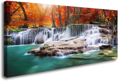 #ad #ad Wall Art Canvas Painting Red Forest Waterfalls 1 Piece Modern Landscape Tree Pic $119.98