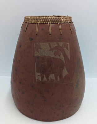 #ad #ad African Art Clay Vase w Elephant Jungle Art Tribal Wicker Rattan Weave Edge 9quot; $62.99
