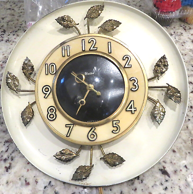 #ad United Art Deco 10quot; Electric Cream Gold Kitchen Clock Model 45 Works $19.95
