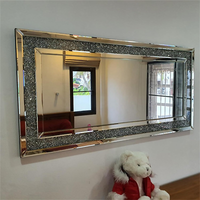 #ad Large Crystal Crush Diamond Rectangle Silver Mirror Wall Hang Frameless Mirror $159.96