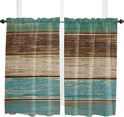 #ad Rustic Teal Kitchen Curtains 45#x27;#x27; Length Retro Country Barn Wood Grain Green Br $15.28