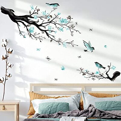 #ad Watercolor Blue Flower Wall Decals Blossom Bird Tree Branch Wall Stickers $24.28