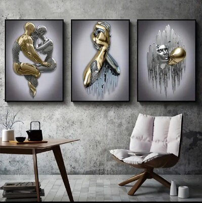 #ad Framed 3 Pcs Love Heart 3D Wall Art Metal Sculpture Romantic Couple Abstract Art $25.50