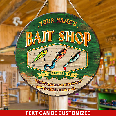#ad Custom Name Bait Shop Wood Sign Round Rustic Vintage Decor Fishing Lover Gift $20.89