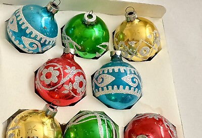 #ad Christmas Ornaments Glass Holly Glitter 2.25quot; Vintage Tree Decor Set 8 Mcm Ball $23.88