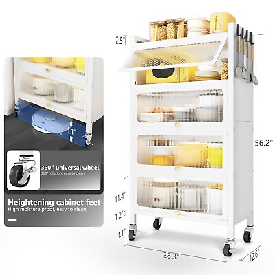 #ad 5 Tier Kitchen Storage Cabinet 4 Door Accent Cabinet with Wheels Kitchen White $125.00