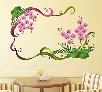 #ad #ad Wall Sticker Purple Orchid Flowers Green Leaves Poster Vinyl Art Home Decor $16.32
