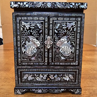 #ad Vintage Oriental Black Lacquer Jewelry Box With Drawers amp; Mother of Pearl Inlay $119.95