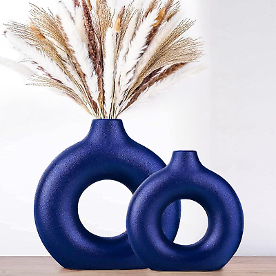 #ad Blue Ceramic Vase for Modern Home DecorRound Matte Pampas Flower Vases Minimali $38.99