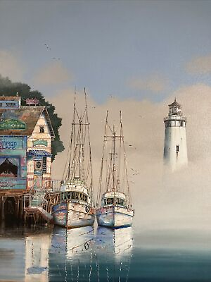 #ad Vintage Original Oil Painting San Francisco Bay Boats Lighthouse Signed $750.00