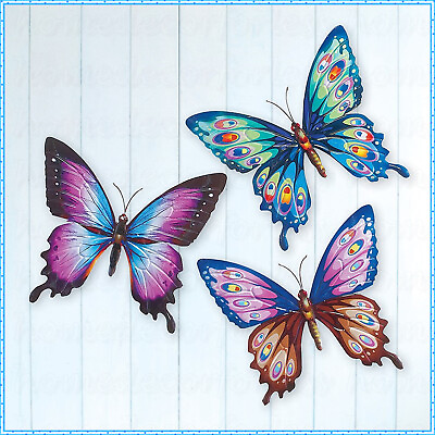 #ad Set of 3 Colorful Butterfly Wall Art Hanging Metal Indoor Outdoor Home Art Decor $26.98