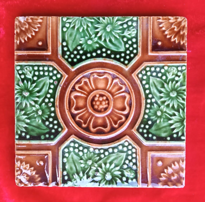 #ad 1 Piece Old Art Deco Embossed Design Used Majolica Ceramic Tiles England 0405 $120.00