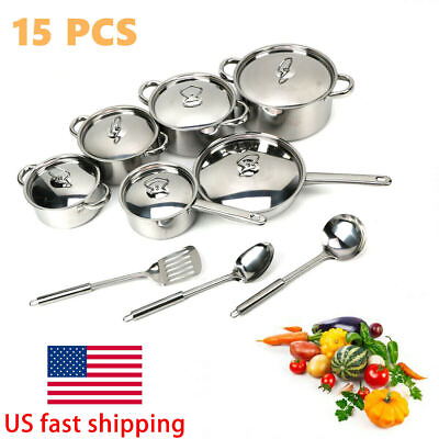 #ad New Kitchen Set Cookware Set Pots and Pans Set Stainless Steel 15 piece Set $69.30