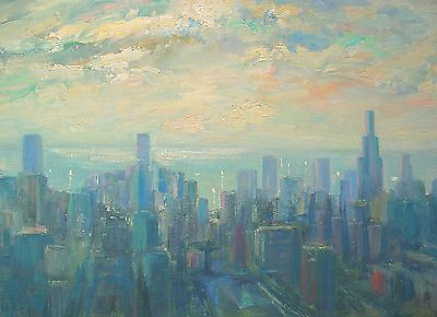 #ad Well listed American Artist Nino Pippa Chicago Skyline Painting COA 18quot; X 24quot; $2600.00