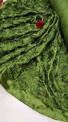 #ad OLIVE GREEN Rosette Satin Fabric – Sold By The Yard Floral Flowers Satin Decor $16.99
