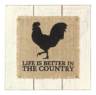 #ad Black Rooster Life Is Better in Country Wood and Burlap 11 Inch Wall Sign $16.98