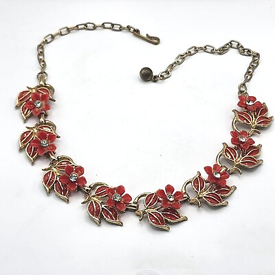 #ad Vintage Flower Necklace Rhinestone Red 16quot; $22.78