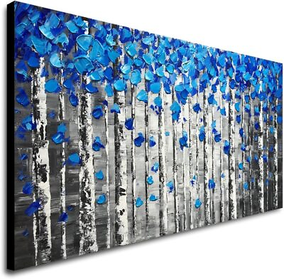 #ad #ad Oil Painting Canvas Forest Abstract Wall Art Hand Painted Modern Blue Tree $210.00