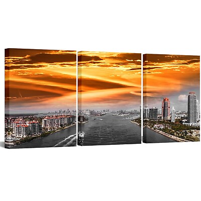 #ad LevvArts 3 Piece Florida Canvas Wall Art Miami Skyline Coastline at Sunset Pi... $64.77