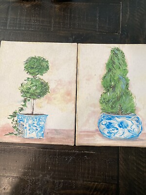 #ad Two Hand Painted Signed Topiary Blue White Ginger Jars French Country Art $33.00