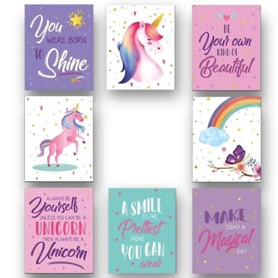 #ad 8 Pc Set Unicorn Rainbow Baby Nursery Bedroom Wall Art Posters Decor for Girls $13.90