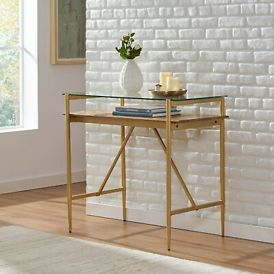 #ad Adena Rustic Glam Handmade Glass Top Console Table Honey Brown and Gold $114.98
