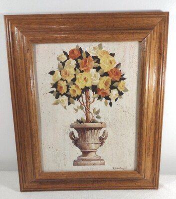 #ad M Johnston Vintage Topiary Roses Urn Print Framed 8x10quot; Wall Deco MCM Style $24.00