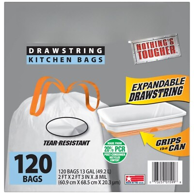 #ad 13 Gal Tall Kitchen White Trash Bags 120 Bags Expandable Drawstring 20% PCR $14.01