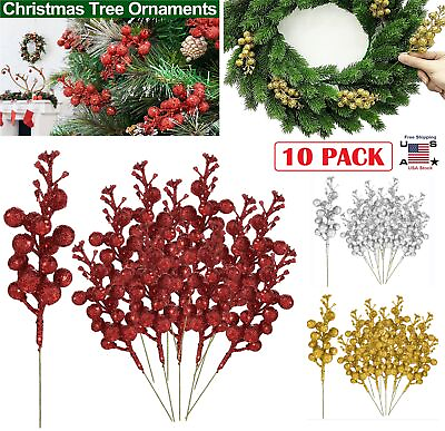 10 Pcs Artificial Christmas Glitter Berries Stems Xmas Tree Wreath DIY Decor USA $8.36