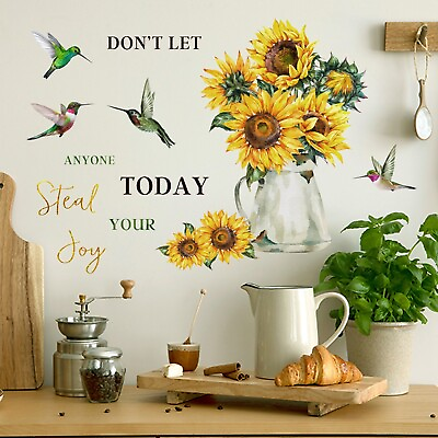#ad Hummingbird Sunflower Vase English PVC Sticker Self Removable Bedroom Decor $10.99