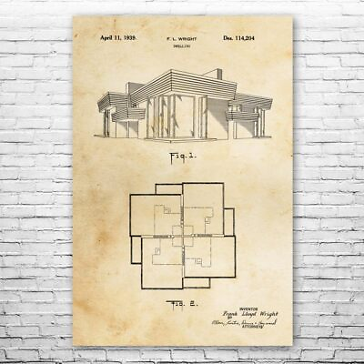#ad F.L. Wright House Poster Patent Print Architecture Art House Blueprint $16.95