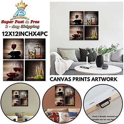 #ad #ad Kitchen Decor Wall Art Picture Print Wine Cups Bar Abstract Paintings 4 Pcs NEW $37.17