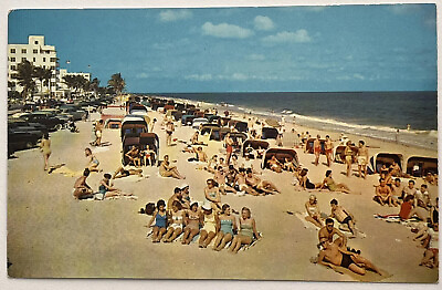 #ad Fort Lauderdale Florida Beach Scene Old Cars People Vintage Postcard c1950 $6.50