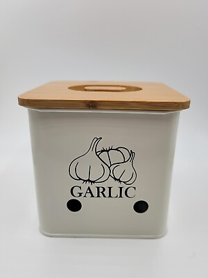 #ad Kitchen White Tin Canister Storage Bin for Garlic Garluc Keeper W Wood Look Lid $12.76