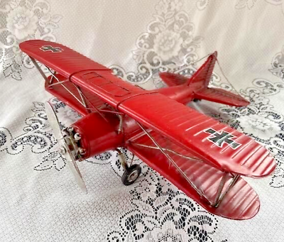 #ad Vintage Red Baron Tin Metal WW1 German Bi Plane Aircraft Rustic Decor Model 12” $34.99