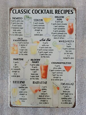 #ad Classic Cocktail Recipes Metal Signs Wall Poster Tin Sign Vintage Home Kitchen $18.99
