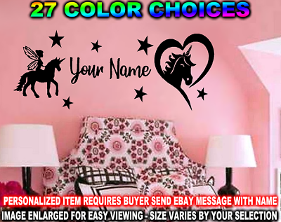 #ad UNICORN FAIRY PERSONALIZED NAME DECAL STICKER STARS GIRLS WALL ART TINK FANTASY $9.97