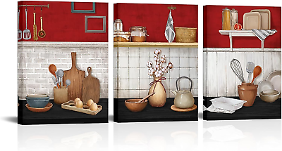 #ad Kitchen Wall Art Black and Red Kitchen Painting Picture Dining Room Decor Framed $61.37