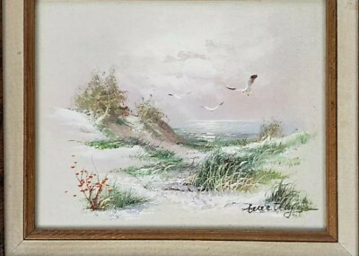 #ad Vintage Original Seaside Birds Landscape Oil Painting on Canvas Framed 15quot;x13quot; $60.00