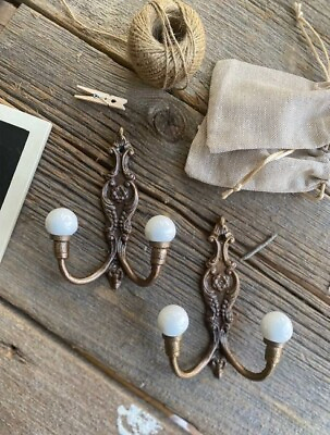 #ad #ad 2 Vintage Old STYLE Brass Wall Mount Double Hooks w Porcelain Balls @ Hook Ends $21.51
