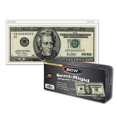#ad 50 BCW Semi Rigid Currency Bill Toploader Sleeves Modern US Size Grading Storage $15.93