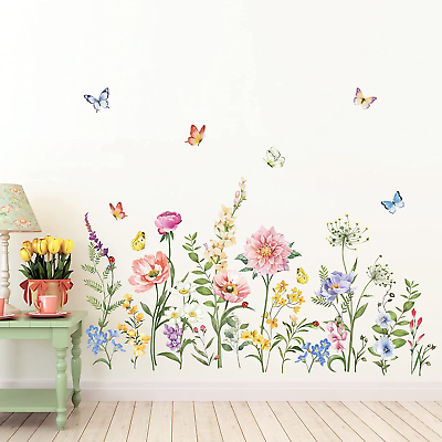 #ad Garden Flower Wall Stickers Poppy Peony Pink Floral Butterflies Peel and Stick W $25.35