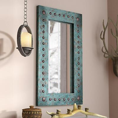 #ad Large Rustic Wall Mirror Distressed Turquoise Wood Frame Studded Nailhead Trim $351.60