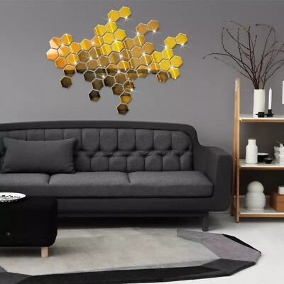 #ad 2022 Hexagon 3D Mirror Stickers Art Wall Stickers Living Room Mirrored $92.45
