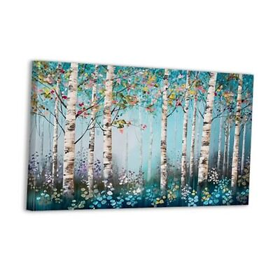 #ad White Birch Forest Wall Art Decor Blue Green Trees Nature Plant Canvas FOREST4 $35.45